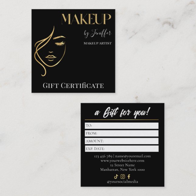 Cartão De Fidelidade Luxury Black & Gold Makeup Gift Certificate Card (Frente/Verso)