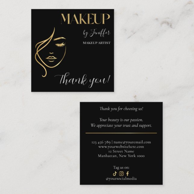 Cartão De Fidelidade Luxury Black & Gold Makeup Thank you Card (Frente/Verso)