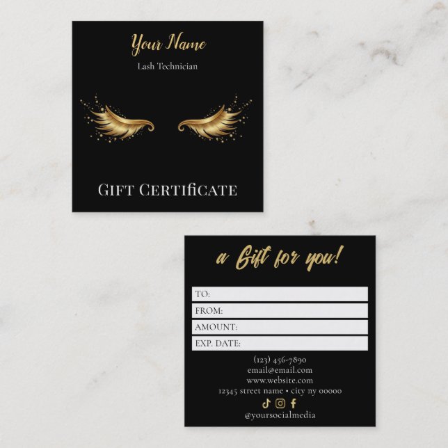 Cartão De Fidelidade Luxury Lash Technician Gift Certificate Card (Frente/Verso)