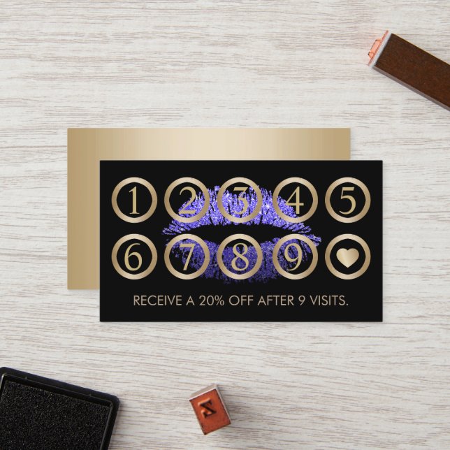 Cartão De Fidelidade Makeup Artist Purple Glitter Lábios Salon Lealdade (Frente/Verso In Situ)