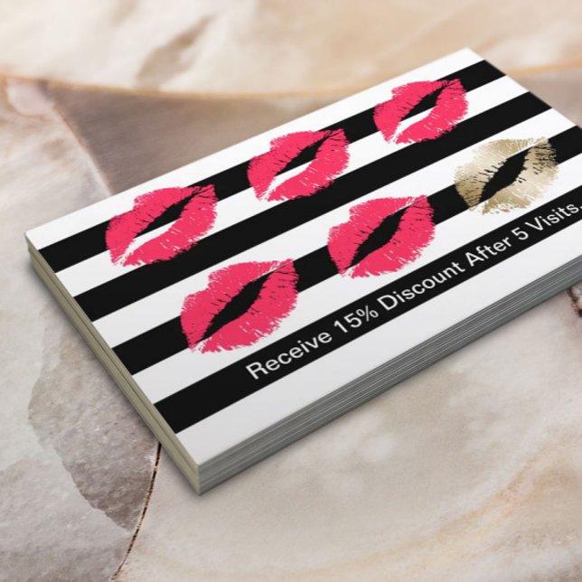 Cartão De Fidelidade Makeup Artist Red Lábios Modernos Stripes Lealdade (Criador carregado)