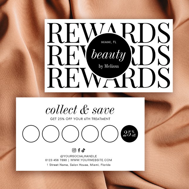 Cartão De Fidelidade Mínimo Moderno Lashes Brancos Negros Salão de Cabe (minimalist business rewards cards in modern black and white design with fully editable text & colors)