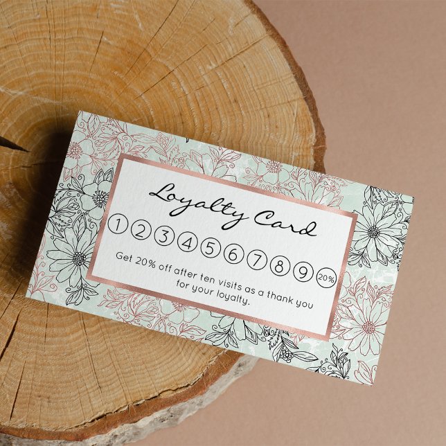 Cartão De Fidelidade Mint Negro Rosa Dourado Mármore (Modern Mint Black Rose Gold Floral Marble Loyalty)