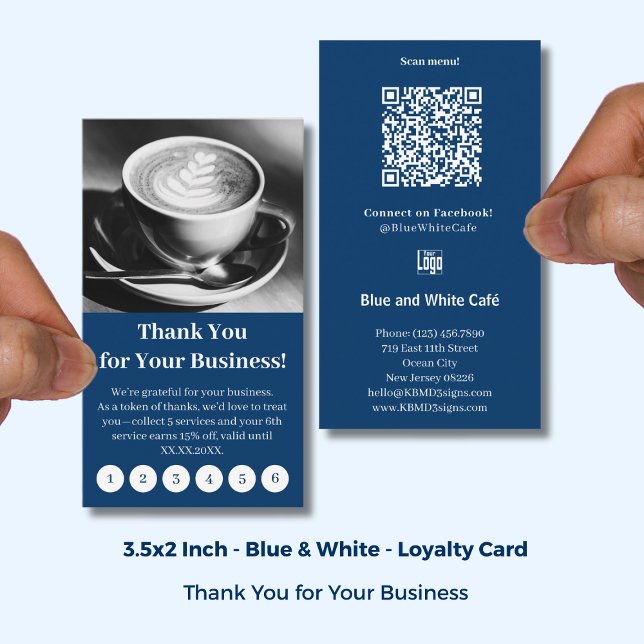 Cartão De Fidelidade Modern Blue & White Cafe with Logo Thank You Punch (Modern Blue & White Cafe with Logo Thank You Punch Loyalty Card; Size: 3.5x2 Inch, Portrait Format)
