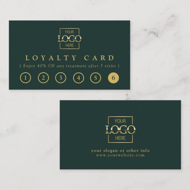 Cartão De Fidelidade Modern Elegant Green & Gold Business Logo Reward (Frente/Verso)