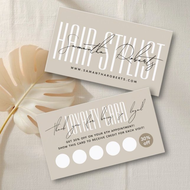 Cartão De Fidelidade Modern hair stylist script typography beige (Criador carregado)