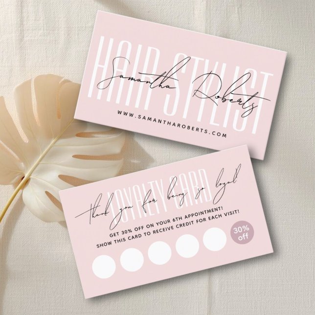 Cartão De Fidelidade Modern hair stylist script typography blush pink (Criador carregado)