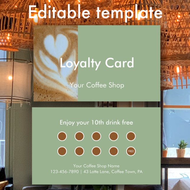 Cartão De Fidelidade Modern Sage Custom Photo Coffee House Customer (Modern sage green custom loyalty card. Personalize the editable text.
)