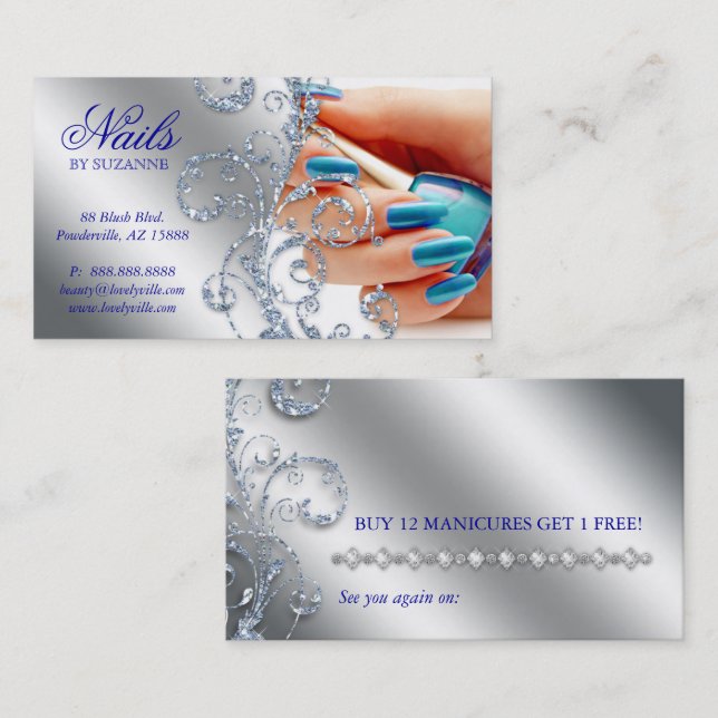 Cartão De Fidelidade Nail Salon Loyalty Card Glitter Silver Blue Polonê (Frente/Verso)