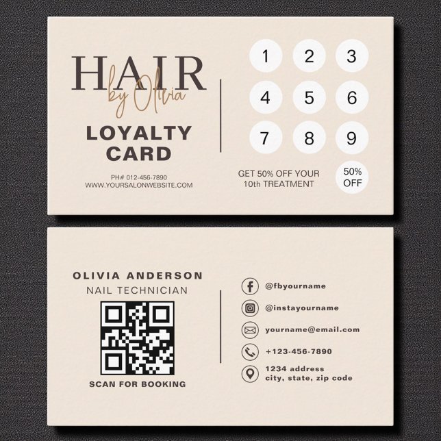 Cartão De Fidelidade Neutral Beige QR Code Hair Salon Loyalty Card (Criador carregado)