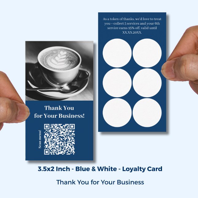 Cartão De Fidelidade Obrigado com Código QR - Café Azul (Thank You with QR Code - Blue Café Loyalty Card; Size: 3.5x2 Inch)