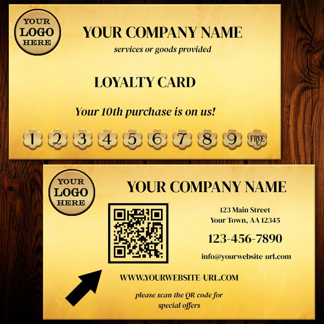 Cartão de Fidelidade Ocre Preto Dourado (Eye-catching artistic loyalty punch card in ocher and black with logo and QR code - business card)
