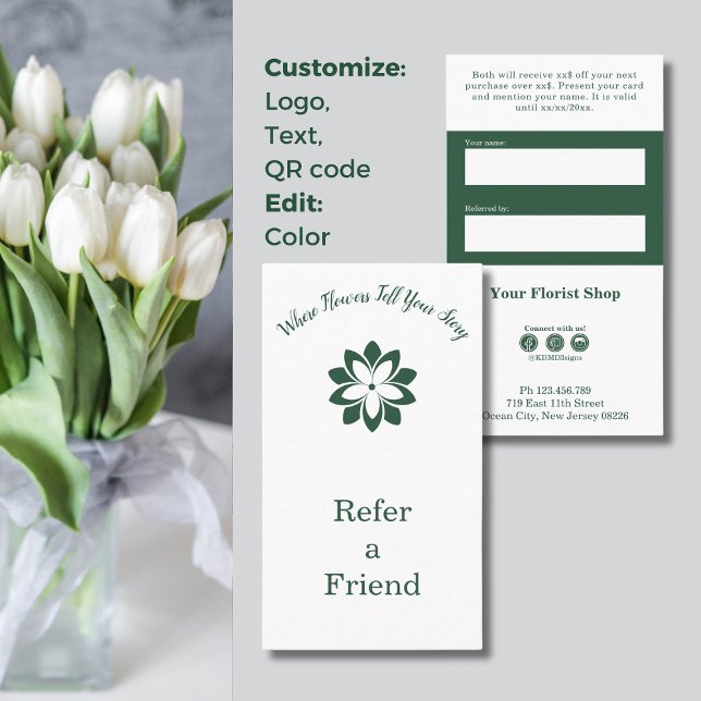 Cartão De Fidelidade 🌸 Personalizado Florista Branco e Verde Consulte  (🌸Custom White & Green Florist Refer a Friend Card, Tagline, Custom Logo, Conditions, Social Icons)