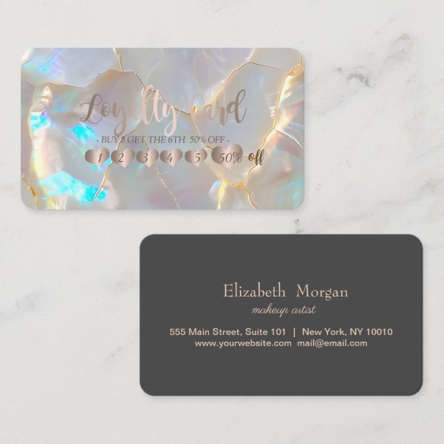 Cartão De Fidelidade Professional Elegant Rose Gold Hearts Opal Stone (Frente/Verso)