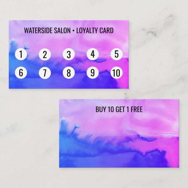 Cartão De Fidelidade Púrpura e Abstrato de Aquarela Azul 10 (Frente/Verso)