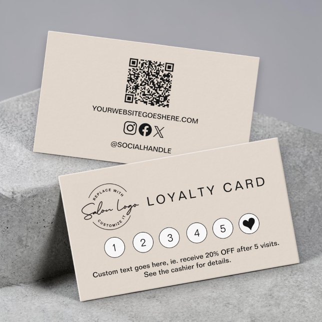 Cartão de fidelidade QR code Salão Pequeno Bege em (Simple, minimalist, salon, spa business loyalty cards, heart punch card, with QR code and socials)