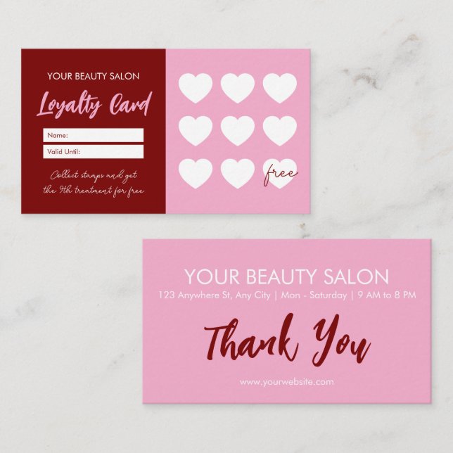 Cartão De Fidelidade Red Pink Beauty Salon Loyalty ThankYou Reward Card (Frente/Verso)
