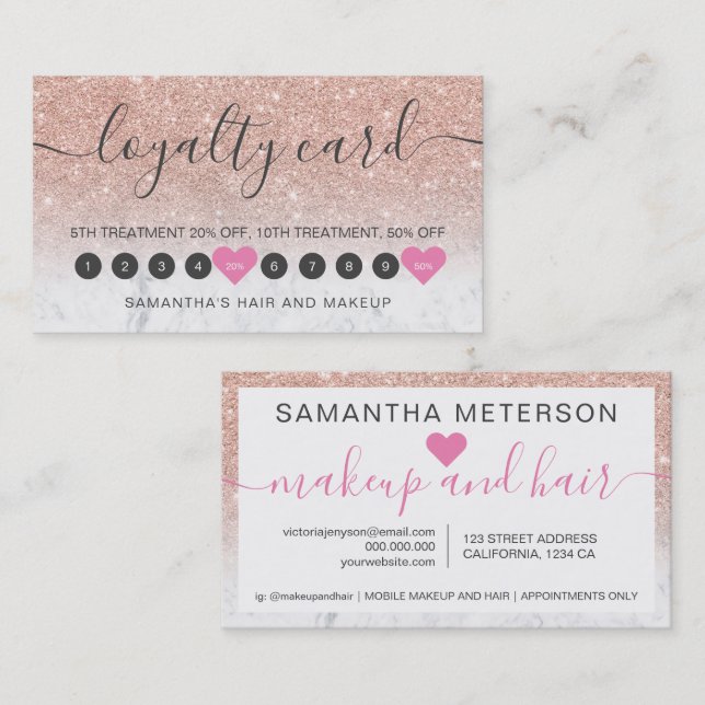 Cartão De Fidelidade Rosa dourado mlitter makeup marble 10 nã (Frente/Verso)