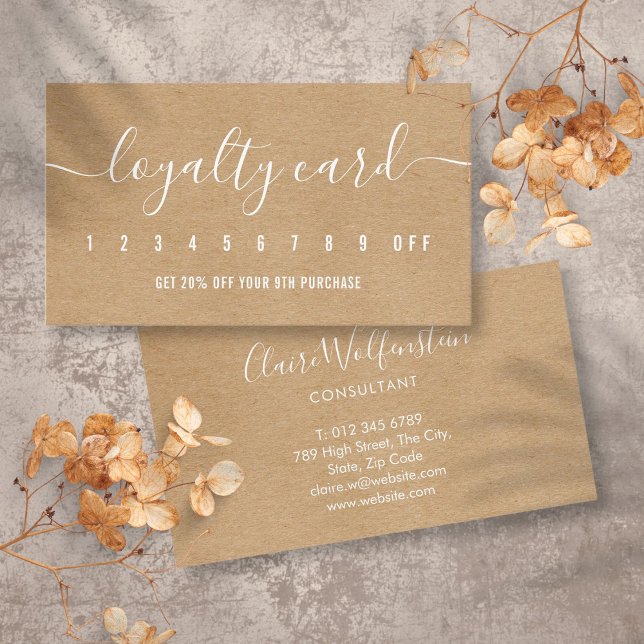 Cartão De Fidelidade Script Elegante Kraft Rústico Profissional Simples (Simple Professional Rustic Kraft Elegant Script Loyalty Card)
