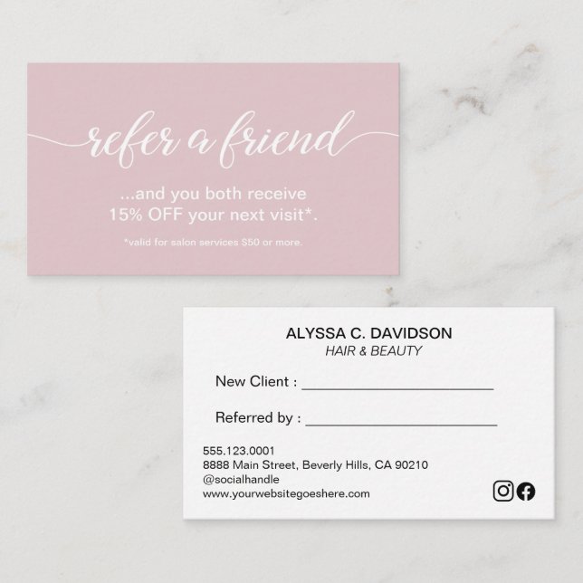 Cartão De Fidelidade Script Elegante Simples Consulte um Rosa Blush Ami (Frente/Verso)