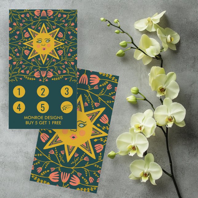 Cartão De Fidelidade Sol & Vinhas Floridas Elegante Ilustrado Boho 5 (Sun & Flowering Vines Elegant Illustrated Boho 5 Loyalty Card
)