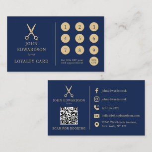 Cartão De Fidelidade Tesoura de Barbeiro Luxo Azul Dourado Código QR Lo