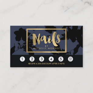 Cartão De Fidelidade Texto Dourado Floral Preto Nail Salon Blue Leyalty