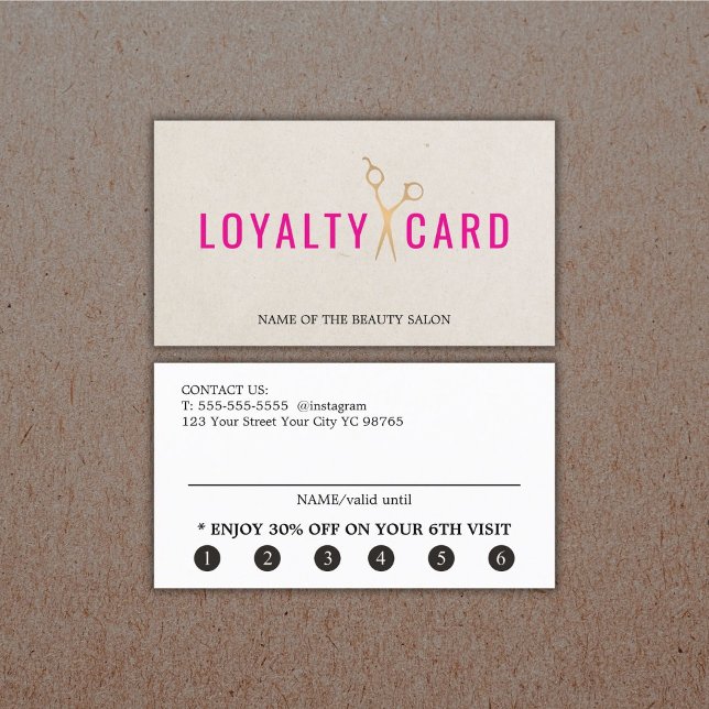 Cartão De Fidelidade Textura elegante bege, cor-de-rosa, tesoura Dourad (Criador carregado)