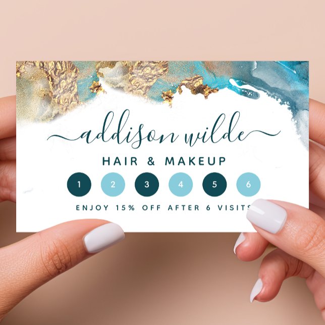 Cartão De Fidelidade Tinta Aguarela Líquida Arte Moderna Azul e Dourado (Criador carregado)