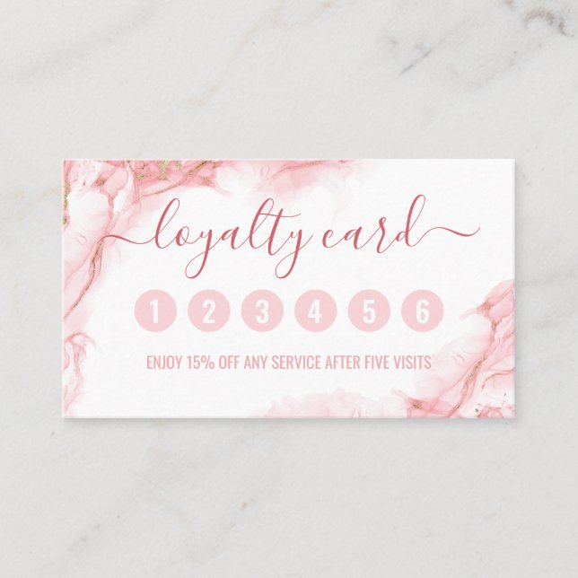 Cartão De Fidelidade Tinta de Aquarela Líquida Elegante rosa e Dourada (Frente)