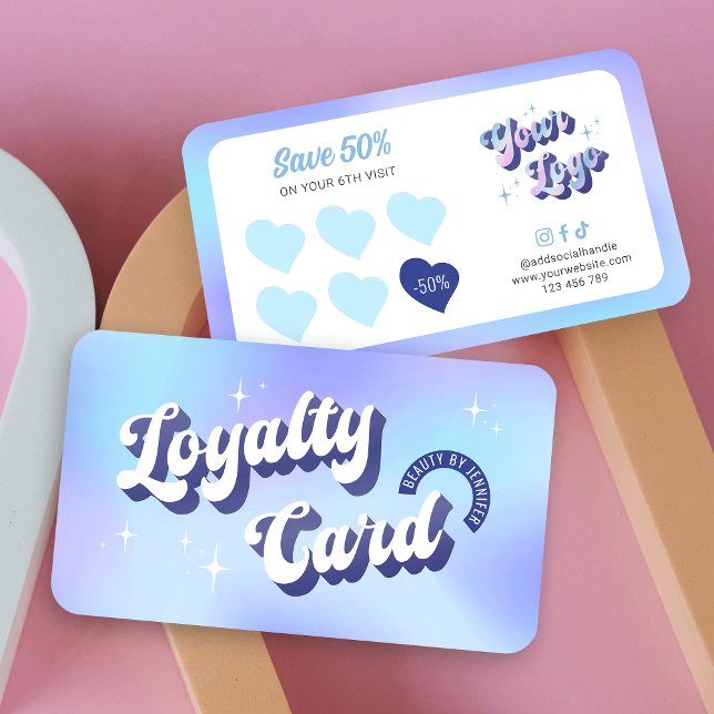 Cartão De Fidelidade Trendy Groovy Retro Holographic Unhas Makeup Salon (Embrace the retro vibes with this groovy style loyalty card design in blue and purple)