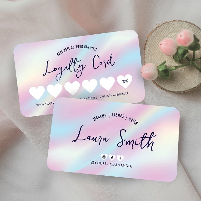 Cartão De Fidelidade Trendy Holographic Hairstylist Unhas Beauty Salon (Modern loyalty cards with holographic background and modern fonts)