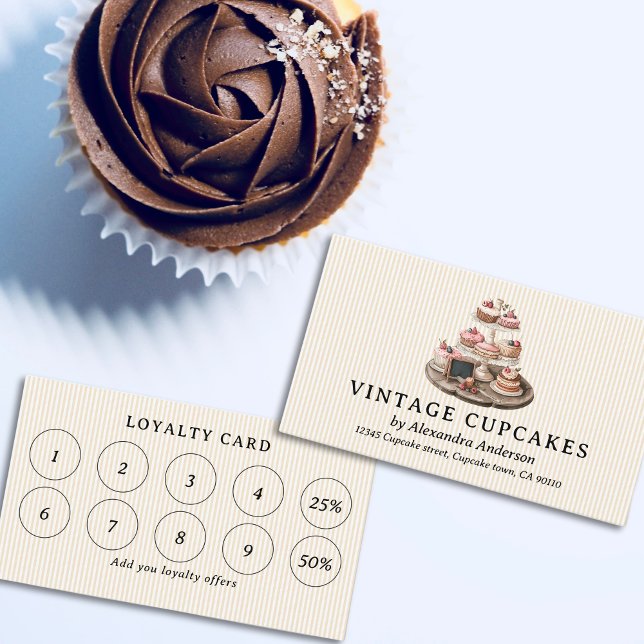 Cartão De Fidelidade Vintage Traçado Cupcakes (Vintage Trayed Cupcakes Loyalty Card)