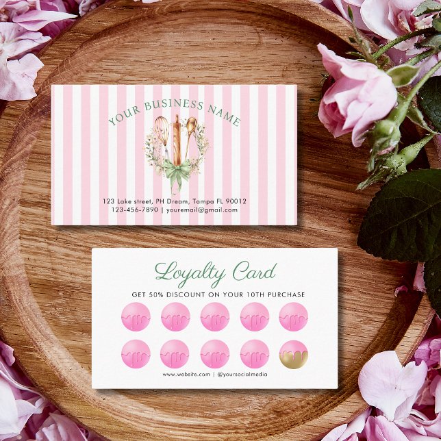 Cartão De Fidelidade Watercolor Floral Utensils Cooking Bakery (Watercolor Pink Stripe and Floral Utensils cooking loyalty card)