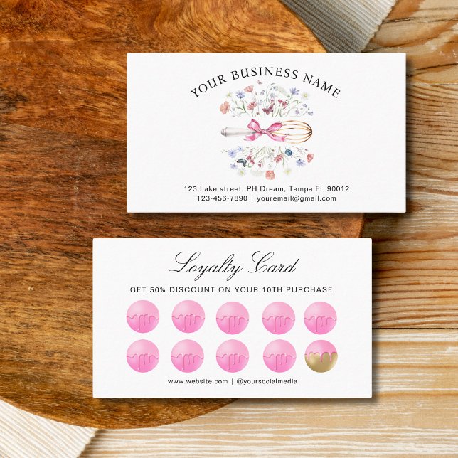 Cartão De Fidelidade Watercolor Floral Utensils Whisk Bakery  (Watercolor wildflower whisk bakery loyalty card)