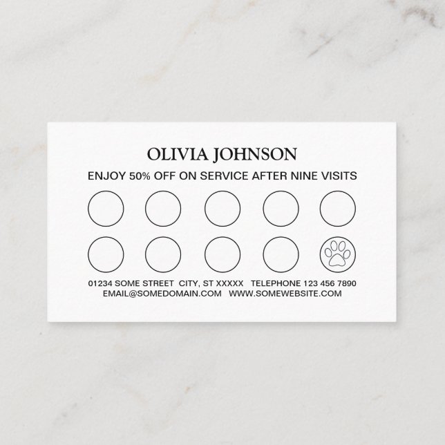 Cartão De Fidelidade White Dog Paw no serviço de aliciamento de animais (Verso)