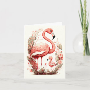 Cartão de Flamingo Mãe e Bebê Fofo e Adorável