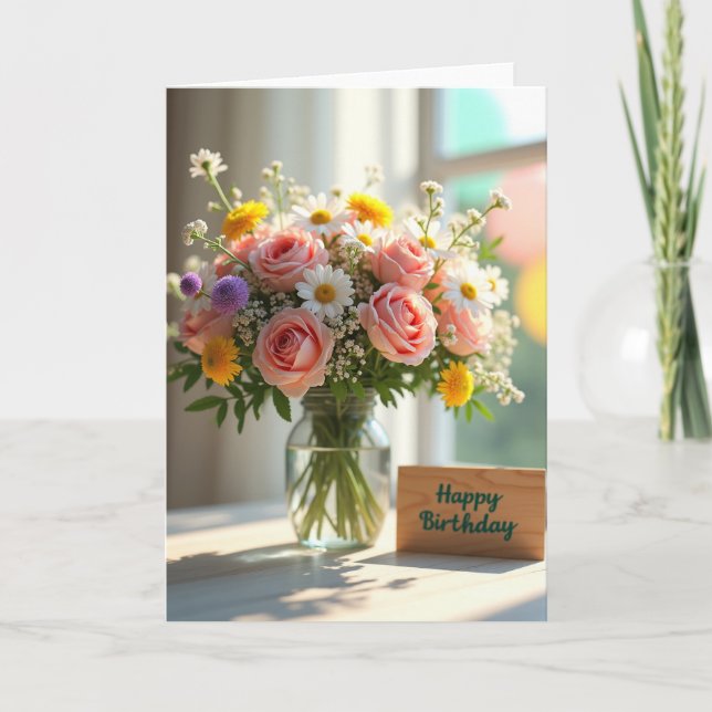 Cartão de Flor de Margarida Listrada e Rosa (Frente)