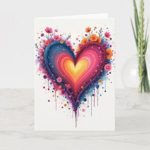 Cartão de Flores de Coração de Amor em Aquarela