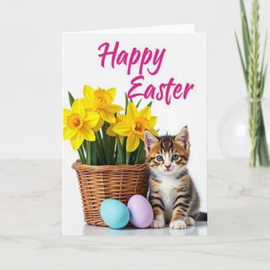 Cartão de Flores de Páscoa de Gatinho Feliz