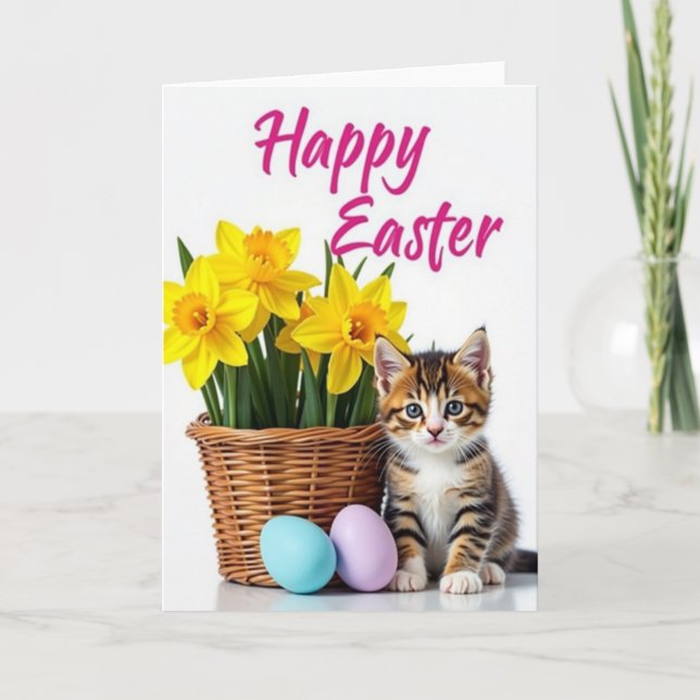 Cartão de Flores de Páscoa de Gatinho Feliz (Frente)
