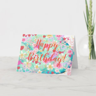 Cartão de Flores e Corações com Feliz Aniversário