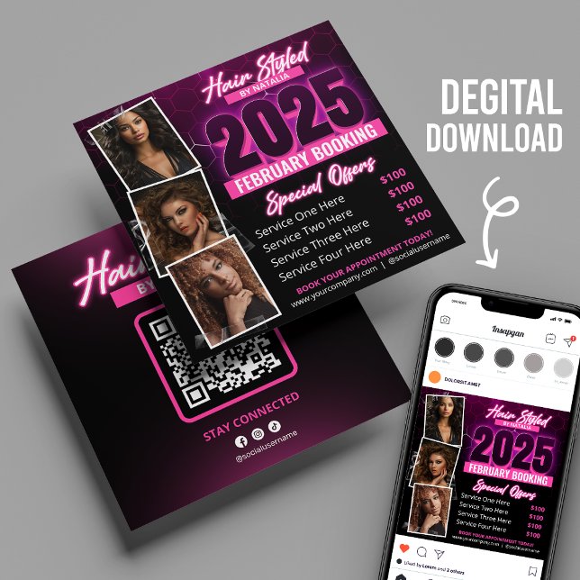 Cartão de Flyer de Reserva de Salão de Cabelo Rosa (Criador carregado)