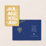 Cartão de Foil Real Feliz Hanukkah<br><div class="desc">O nosso Hanukkah dá as boas-vindas a um Cartão Foil Real é uma forma elegante de desejar à família e aos amigos um Hanukah feliz no alto estilo. Esta design festiva, divertida e moderna inclui um Menorah, Dreidel, rosquinha de Jelly e presente embrulhado junto com flocos de neve como estrelas...</div>