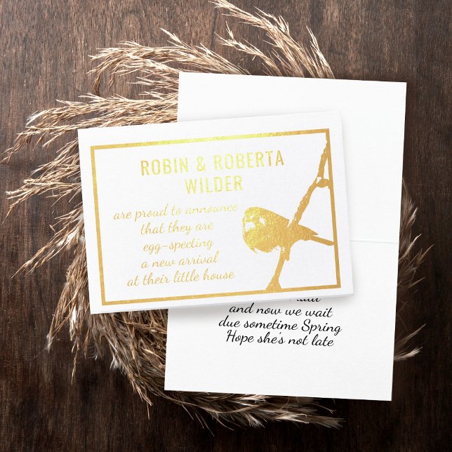 Cartão de Folha de Anúncio de Gravidez (Waiting for your little bird to arrive? Here's a real gold foil announcement card you can send)