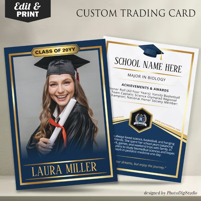 Cartão de Formando Elegante Azul Dourado (Editable Graduate Trading Card, Elegant Blue Gold Card, Custom Trading Card for Graduation)