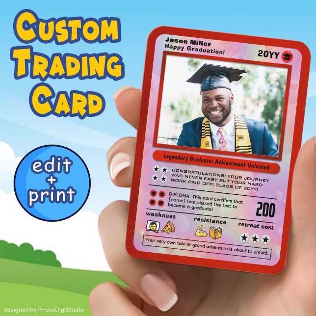 Cartão de Formando para Graduação Personalizado (Personalized Graduation Card, Editable Graduate Trading Card Template and Print, Custom Cartoon Card)