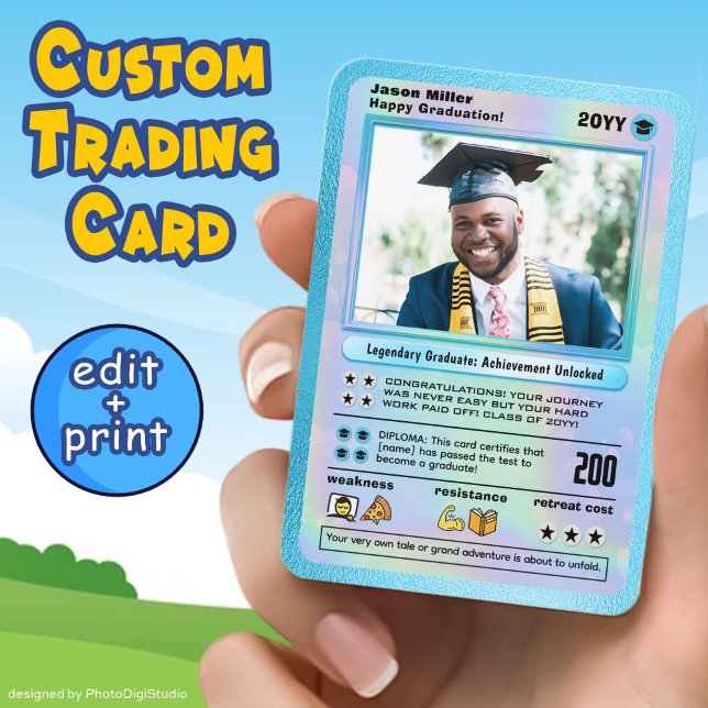 Cartão de Formando para Graduação Personalizado (Personalized Graduation Card, Editable Graduate Trading Card Template and Print, Custom Cartoon Card)