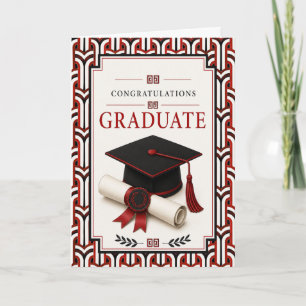 Cartão de Formatura Elegante Vermelho, Branco e Pr