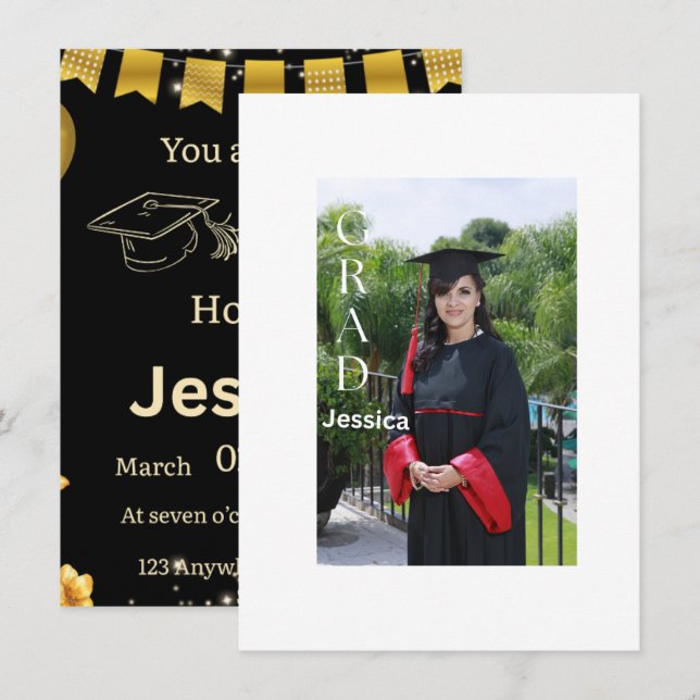 Cartão de Formatura Preto e Dourado Elegante | Tur (Frente/Verso)